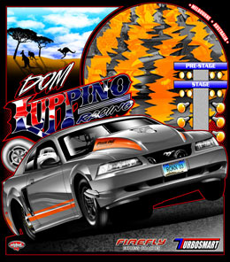 All The Way across the globe Drag Racer Dom Luppino of Australia uses Wicked Grafixx designs to promote his Outlaw 10.5 Mustang